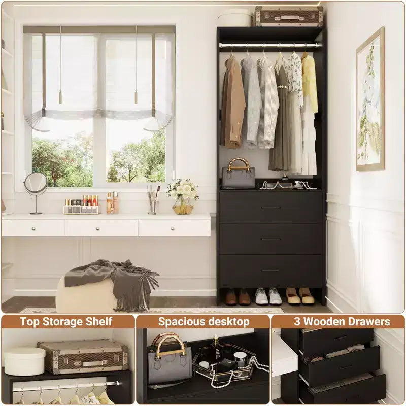 Système de rangement de placard avec tiroirs en bois, armoire autoportante avec tringle de suspension