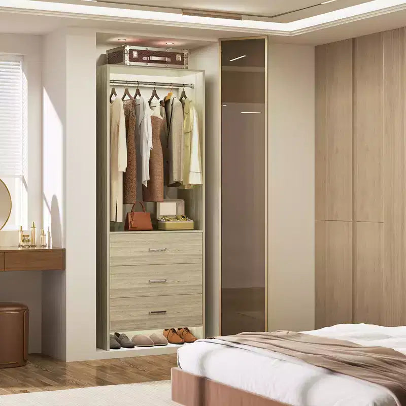 Système de rangement de placard avec tiroirs en bois, armoire autoportante avec tringle de suspension