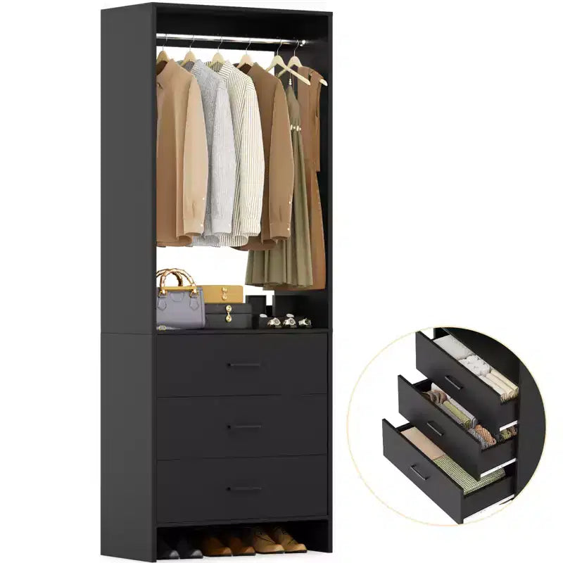 Système de rangement de placard avec tiroirs en bois, armoire autoportante avec tringle de suspension