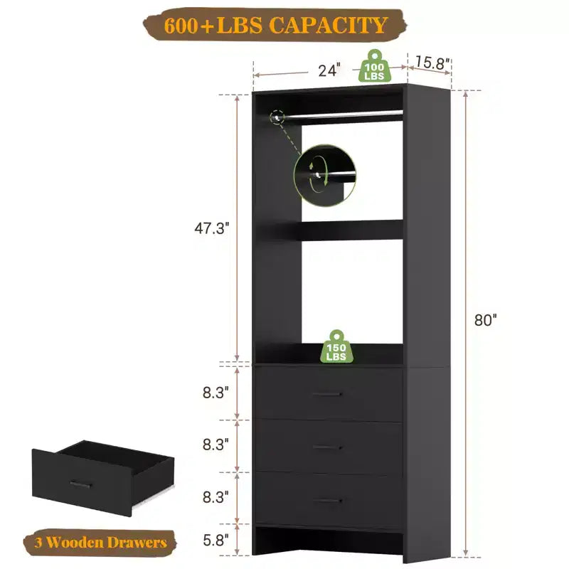 Système de rangement de placard avec tiroirs en bois, armoire autoportante avec tringle de suspension