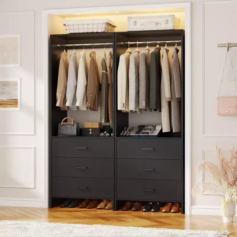 Système de rangement de placard avec tiroirs en bois, armoire autoportante avec tringle de suspension