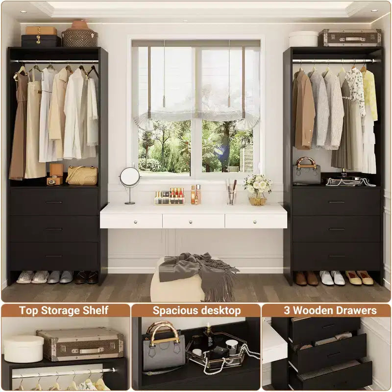 Système de rangement de placard avec tiroirs en bois, armoire autoportante avec tringle de suspension
