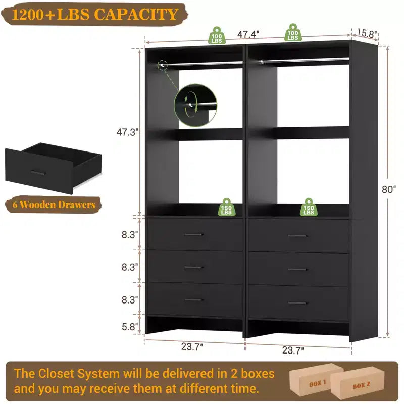 Système de rangement de placard avec tiroirs en bois, armoire autoportante avec tringle de suspension