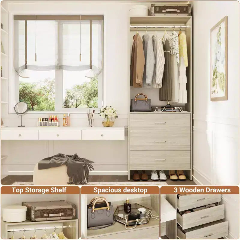 Système de rangement de placard avec tiroirs en bois, armoire autoportante avec tringle de suspension