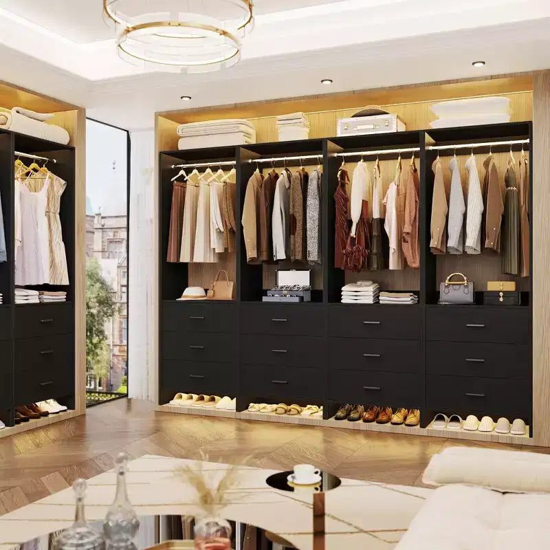 Système de rangement de placard avec tiroirs en bois, armoire autoportante avec tringle de suspension