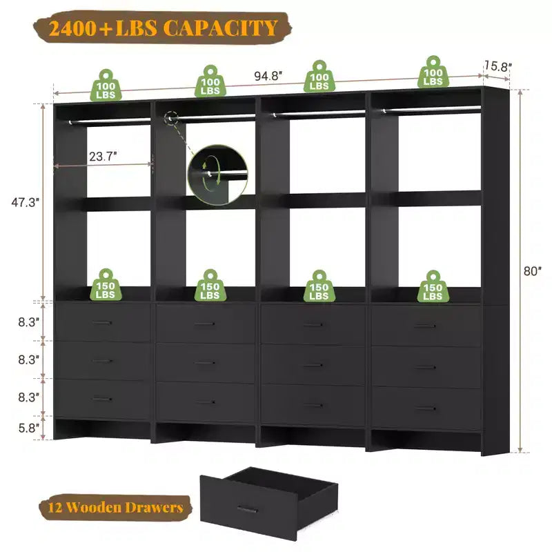 Système de rangement de placard avec tiroirs en bois, armoire autoportante avec tringle de suspension