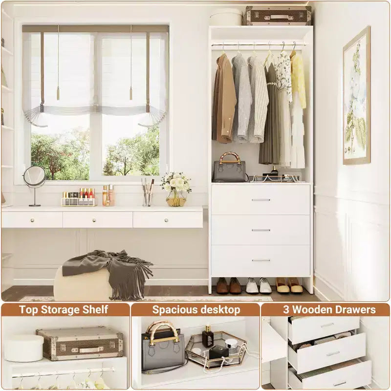 Système de rangement de placard avec tiroirs en bois, armoire autoportante avec tringle de suspension
