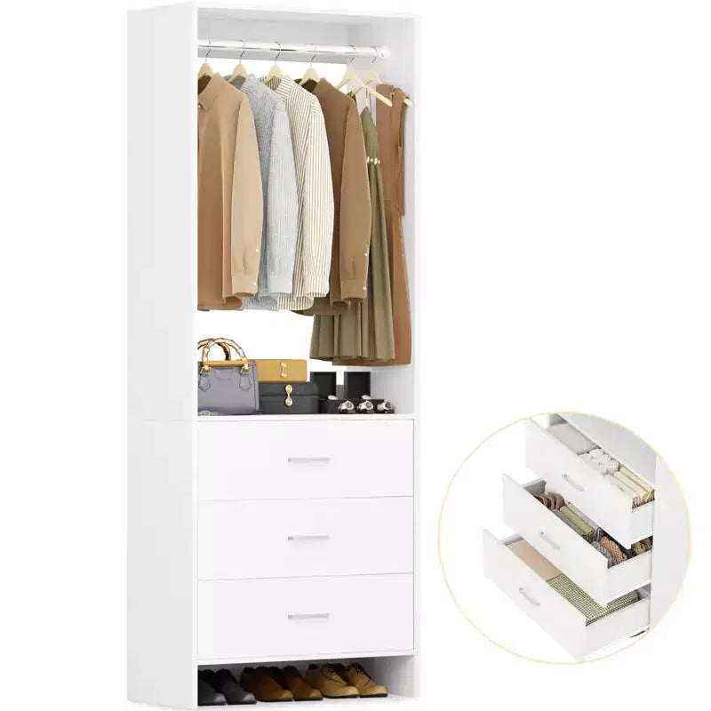 Système de rangement de placard avec tiroirs en bois, armoire autoportante avec tringle de suspension