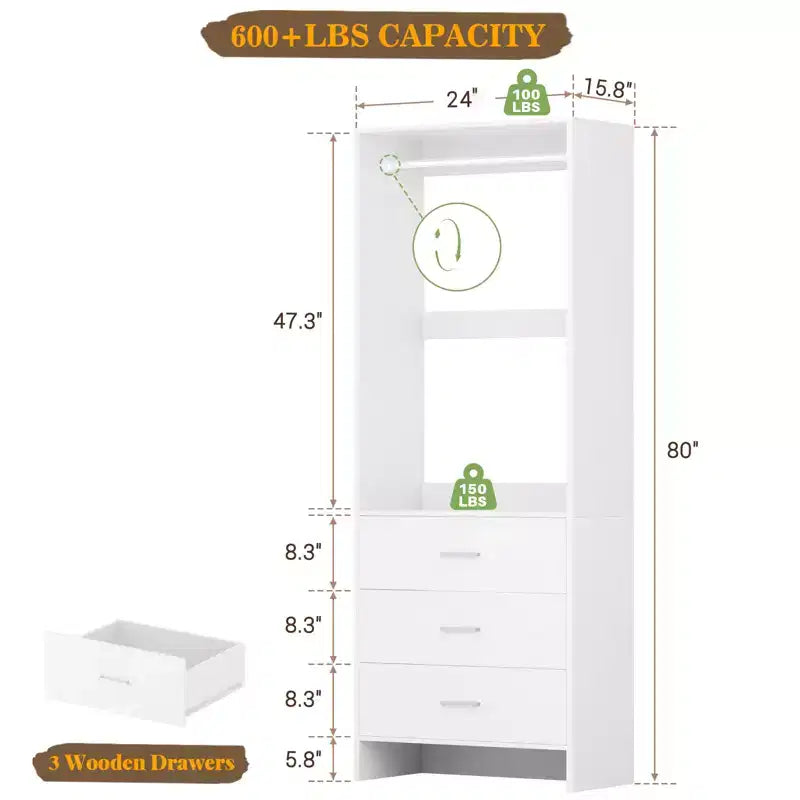 Système de rangement de placard avec tiroirs en bois, armoire autoportante avec tringle de suspension