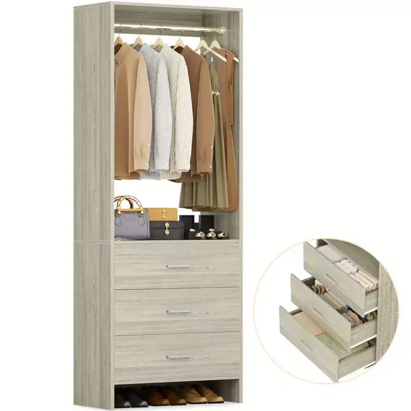 Système de rangement de placard avec tiroirs en bois, armoire autoportante avec tringle de suspension