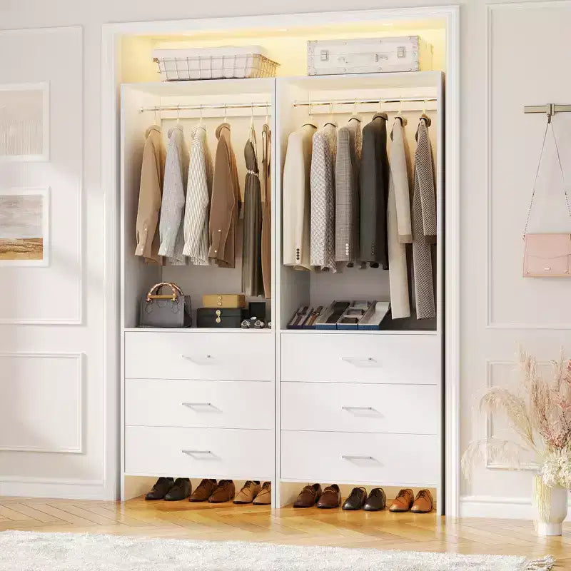 Système de rangement de placard avec tiroirs en bois, armoire autoportante avec tringle de suspension