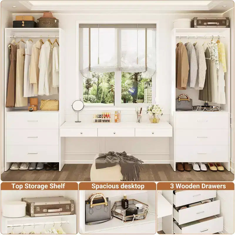 Système de rangement de placard avec tiroirs en bois, armoire autoportante avec tringle de suspension
