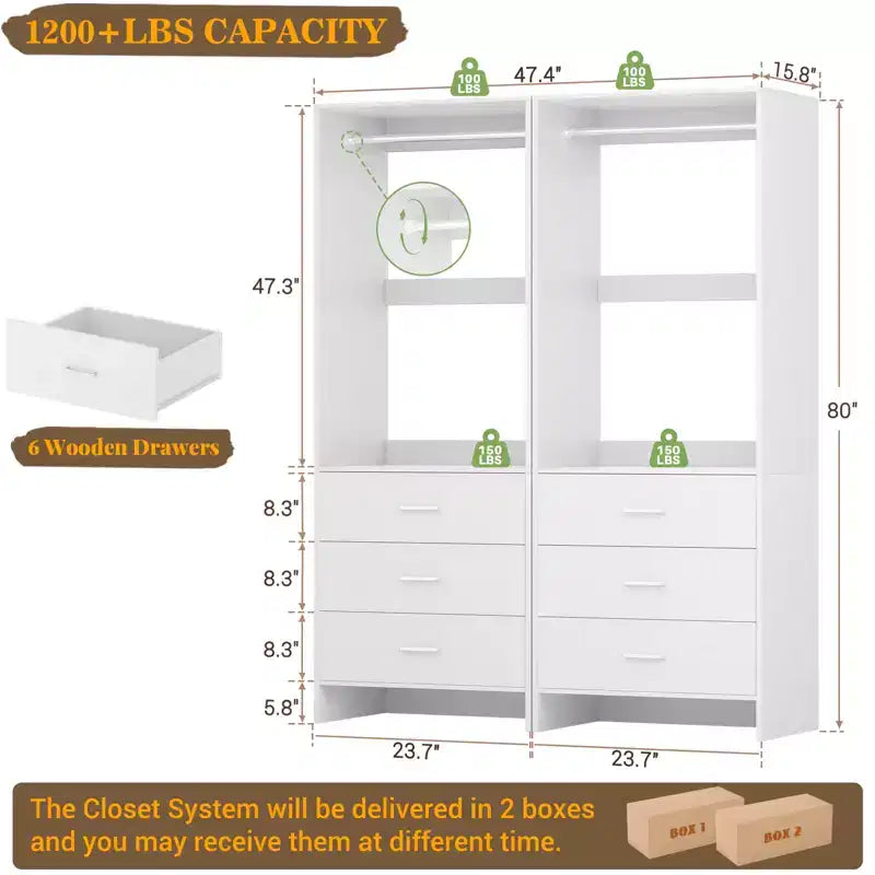 Système de rangement de placard avec tiroirs en bois, armoire autoportante avec tringle de suspension