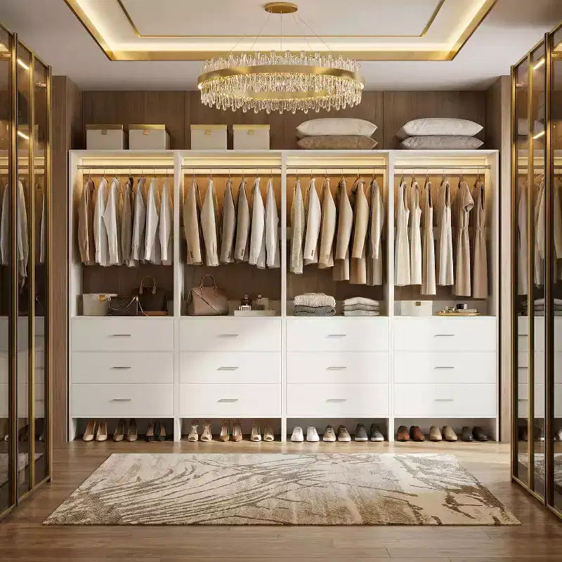 Système de rangement de placard avec tiroirs en bois, armoire autoportante avec tringle de suspension