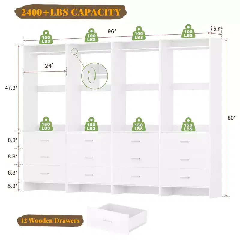 Système de rangement de placard avec tiroirs en bois, armoire autoportante avec tringle de suspension