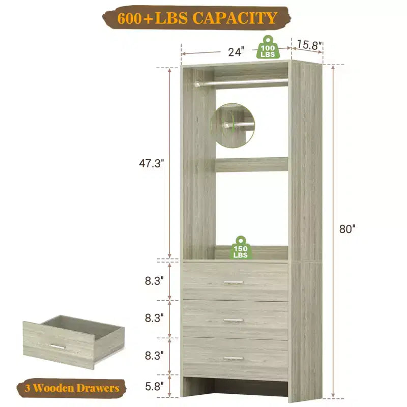 Système de rangement de placard avec tiroirs en bois, armoire autoportante avec tringle de suspension