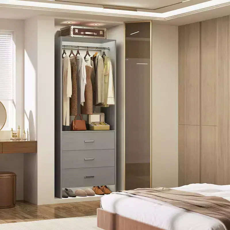 Système de rangement de placard avec tiroirs en bois, armoire autoportante avec tringle de suspension