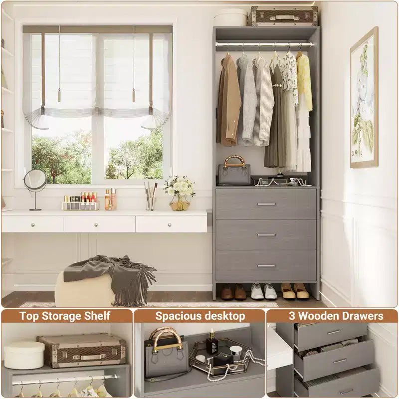 Système de rangement de placard avec tiroirs en bois, armoire autoportante avec tringle de suspension