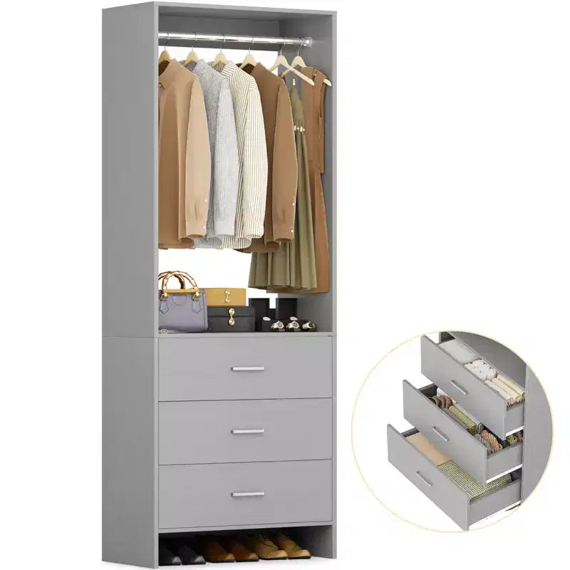 Système de rangement de placard avec tiroirs en bois, armoire autoportante avec tringle de suspension