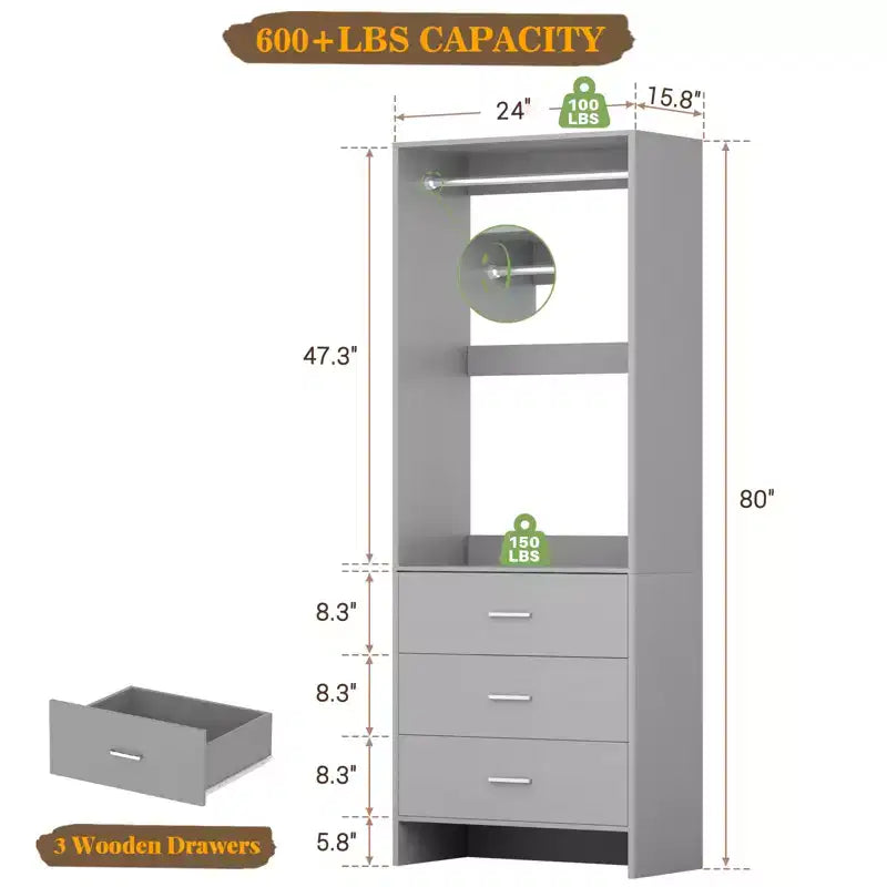 Système de rangement de placard avec tiroirs en bois, armoire autoportante avec tringle de suspension