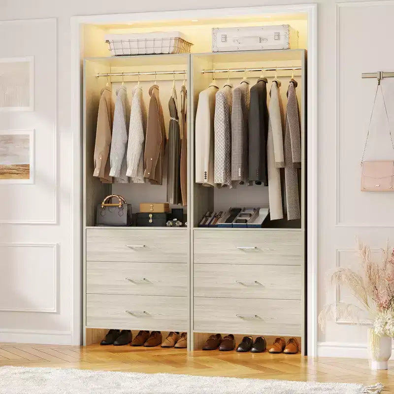 Système de rangement de placard avec tiroirs en bois, armoire autoportante avec tringle de suspension