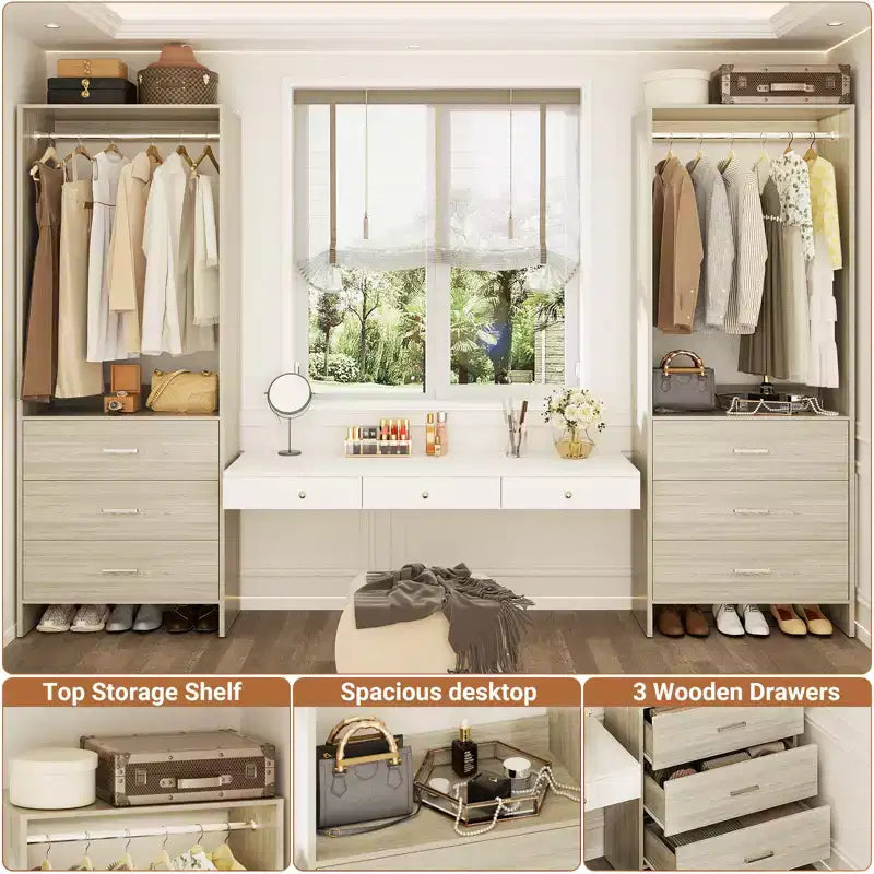 Système de rangement de placard avec tiroirs en bois, armoire autoportante avec tringle de suspension