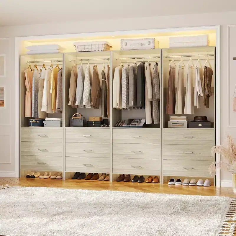 Système de rangement de placard avec tiroirs en bois, armoire autoportante avec tringle de suspension