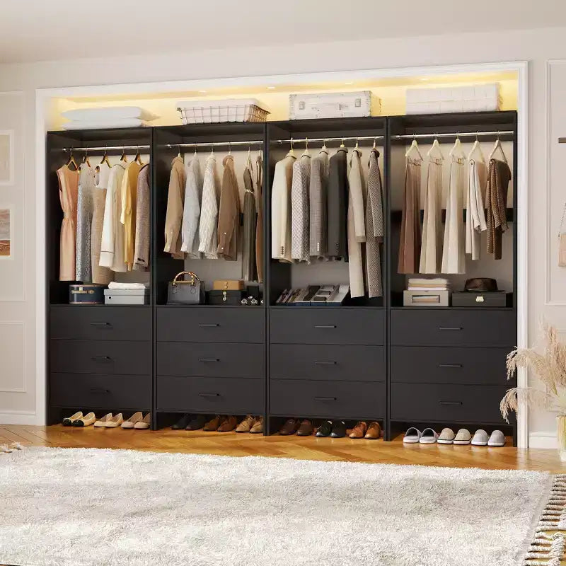 Système de rangement de placard avec tiroirs en bois, armoire autoportante avec tringle de suspension