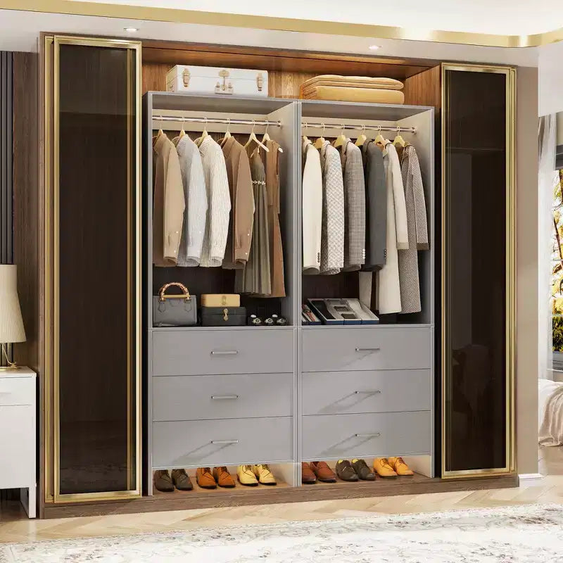 Système de rangement de placard avec tiroirs en bois, armoire autoportante avec tringle de suspension