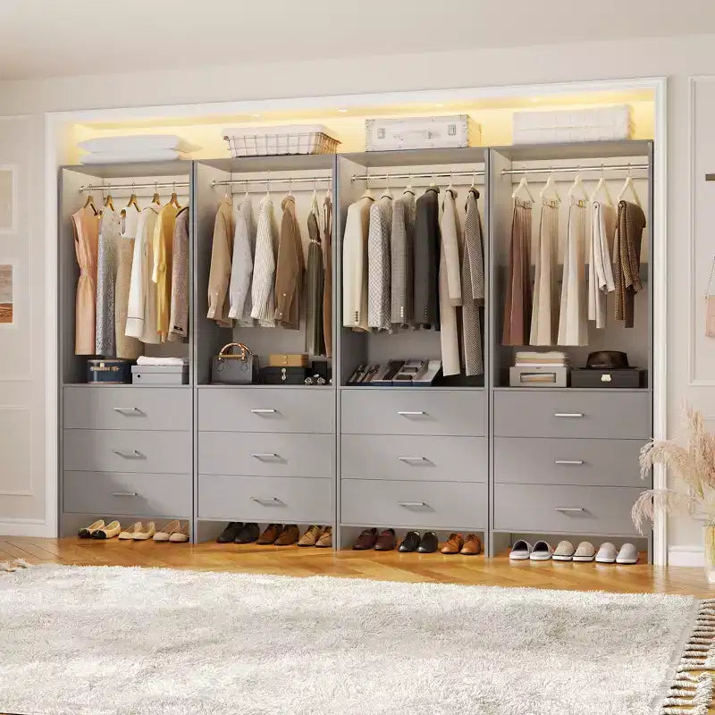 Système de rangement de placard avec tiroirs en bois, armoire autoportante avec tringle de suspension