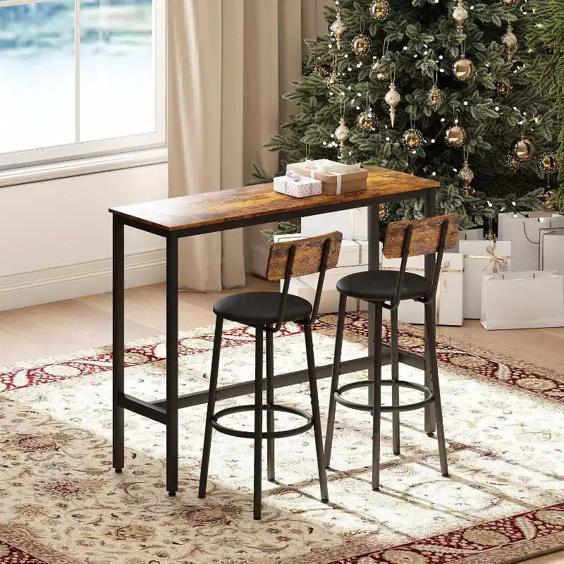Ensemble table de bar et 2 tabourets, Table de pub de 80 cm, Ensemble de salle à manger compact pour petits espaces, Marron
