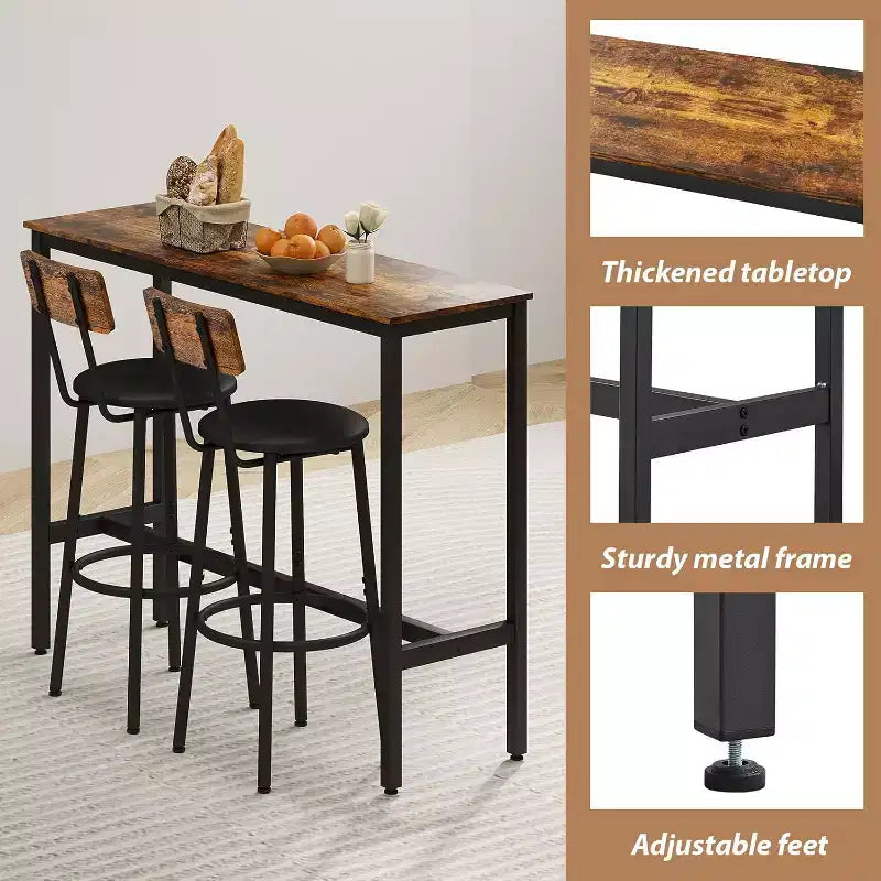 Ensemble table de bar et 2 tabourets, Table de pub de 80 cm, Ensemble de salle à manger compact pour petits espaces, Marron