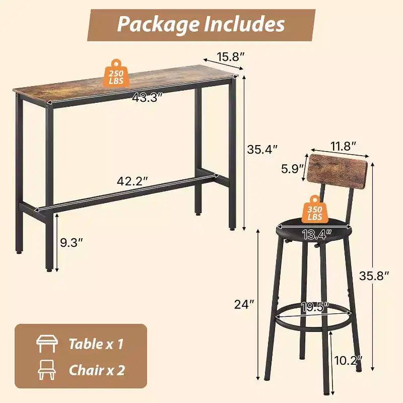 Ensemble table de bar et 2 tabourets, Table de pub de 80 cm, Ensemble de salle à manger compact pour petits espaces, Marron