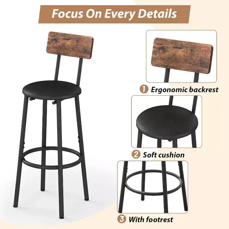 Ensemble table de bar et 2 tabourets, Table de pub de 80 cm, Ensemble de salle à manger compact pour petits espaces, Marron