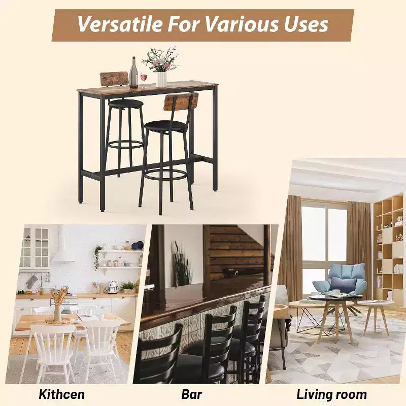 Ensemble table de bar et 2 tabourets, Table de pub de 80 cm, Ensemble de salle à manger compact pour petits espaces, Marron