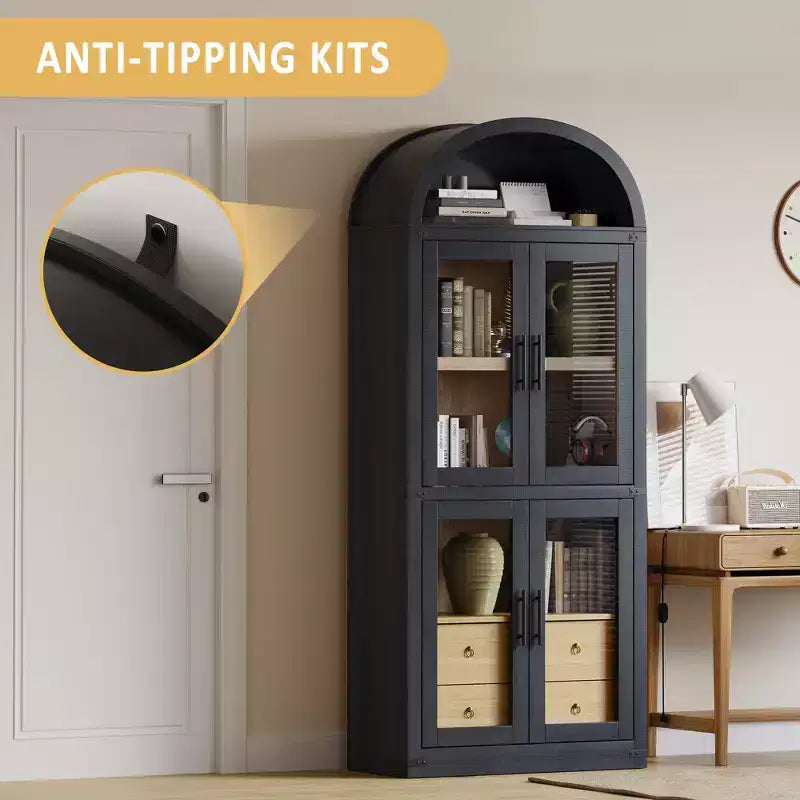 Bibliothèque haute à arche, 182 cm, avec 2 tiroirs intérieurs, meuble de rangement autonome avec dispositif anti-basculement, convient pour le salon, la chambre à coucher