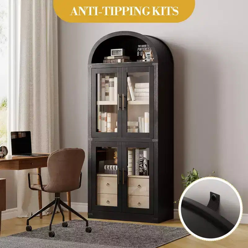 Bibliothèque haute à arche, 182 cm, avec 2 tiroirs intérieurs, meuble de rangement autonome avec dispositif anti-basculement, convient pour le salon, la chambre à coucher