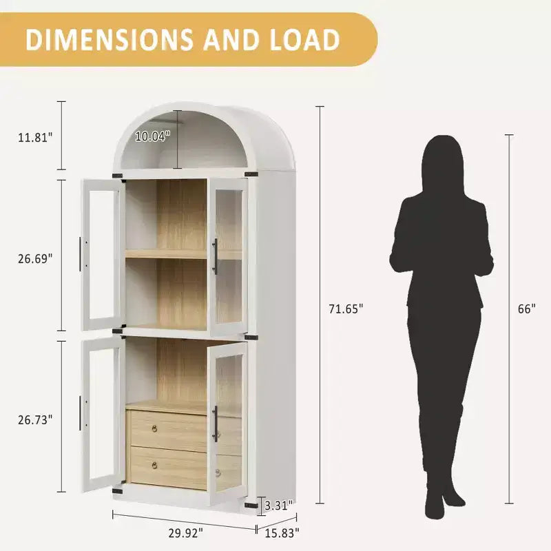 Bibliothèque haute à arche, 182 cm, avec 2 tiroirs intérieurs, meuble de rangement autonome avec dispositif anti-basculement, convient pour le salon, la chambre à coucher