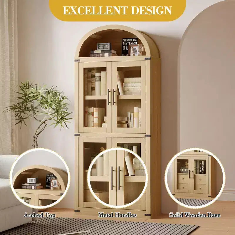 Bibliothèque haute à arche, 182 cm, avec 2 tiroirs intérieurs, meuble de rangement autonome avec dispositif anti-basculement, convient pour le salon, la chambre à coucher