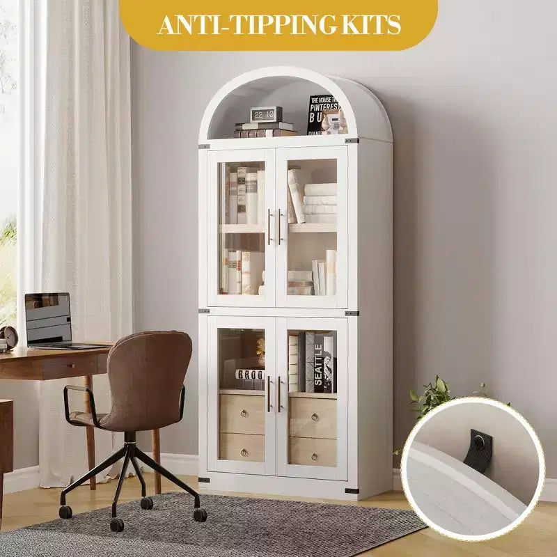 Bibliothèque haute à arche, 182 cm, avec 2 tiroirs intérieurs, meuble de rangement autonome avec dispositif anti-basculement, convient pour le salon, la chambre à coucher