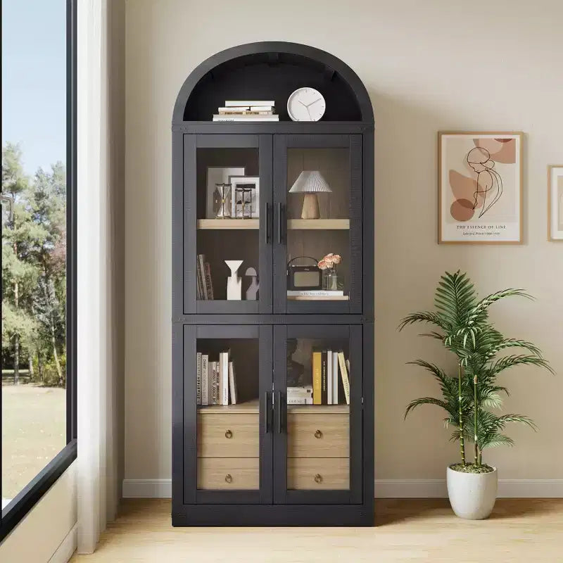 Bibliothèque haute à arche, 182 cm, avec 2 tiroirs intérieurs, meuble de rangement autonome avec dispositif anti-basculement, convient pour le salon, la chambre à coucher