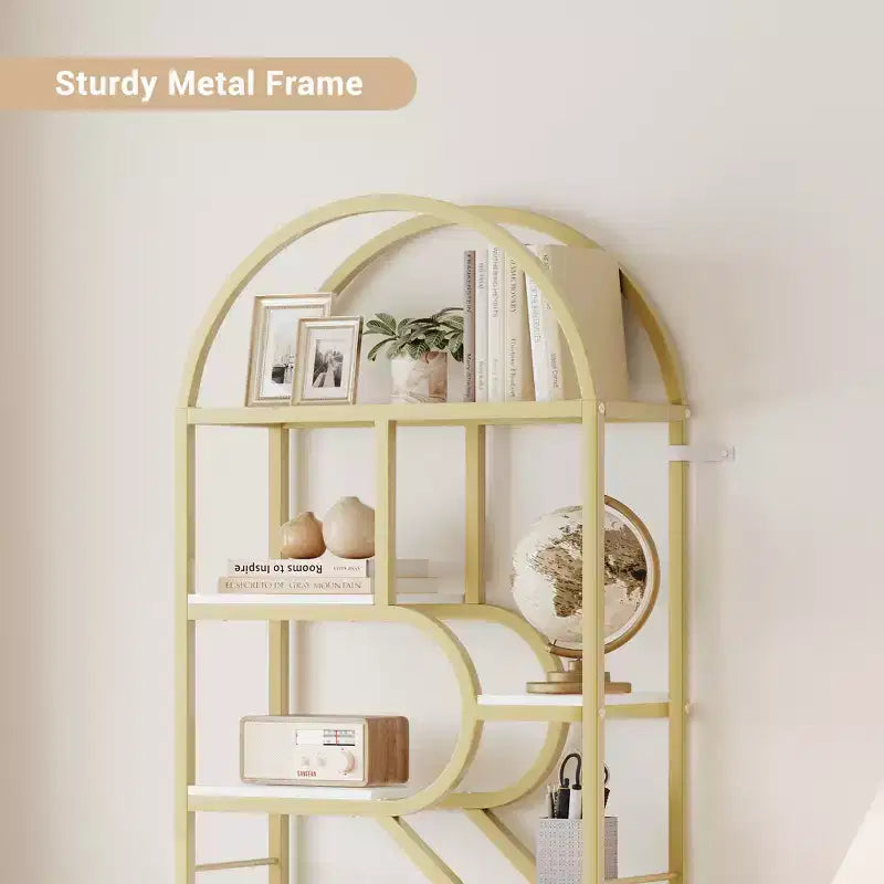 Bibliothèque à 6 étagères, bibliothèque de luxe arquée, design moderne en métal et bois, adaptée au salon, au bureau et à la chambre.