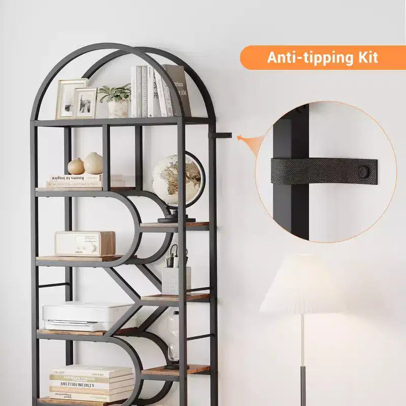 Bibliothèque à 6 étagères, bibliothèque de luxe arquée, design moderne en métal et bois, adaptée au salon, au bureau et à la chambre.