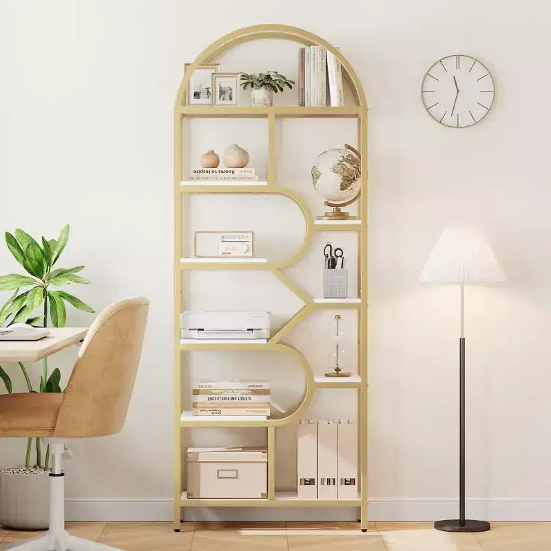 Bibliothèque à 6 étagères, bibliothèque de luxe arquée, design moderne en métal et bois, adaptée au salon, au bureau et à la chambre.