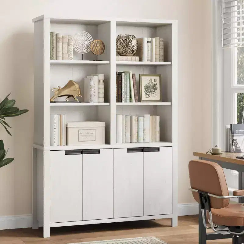 Bibliothèque haute de 180 cm, étagère à 3 niveaux double largeur avec portes d'armoire, grande bibliothèque autoportante adaptée au salon, au bureau, à la bibliothèque